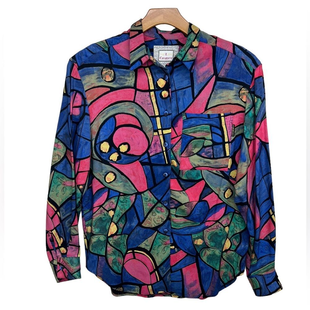 Vintage Z Cavaricci Abstract Art to Wear Button Up Blouse Womens Large 80s 90s